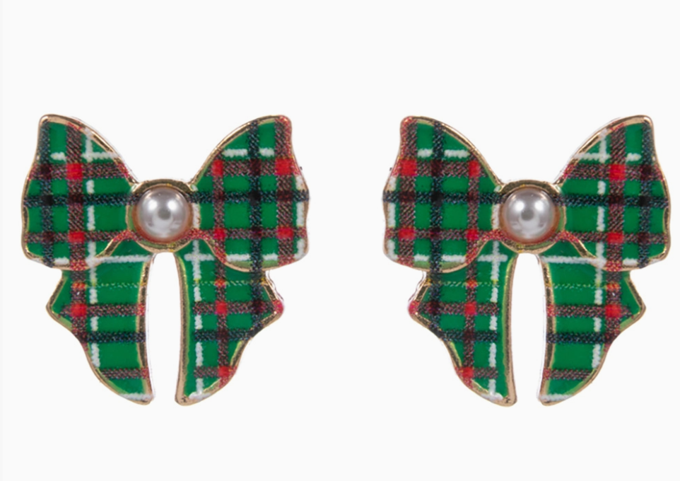 Holiday Plaid Bow Studs in Green