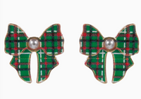 Holiday Plaid Bow Studs in Green