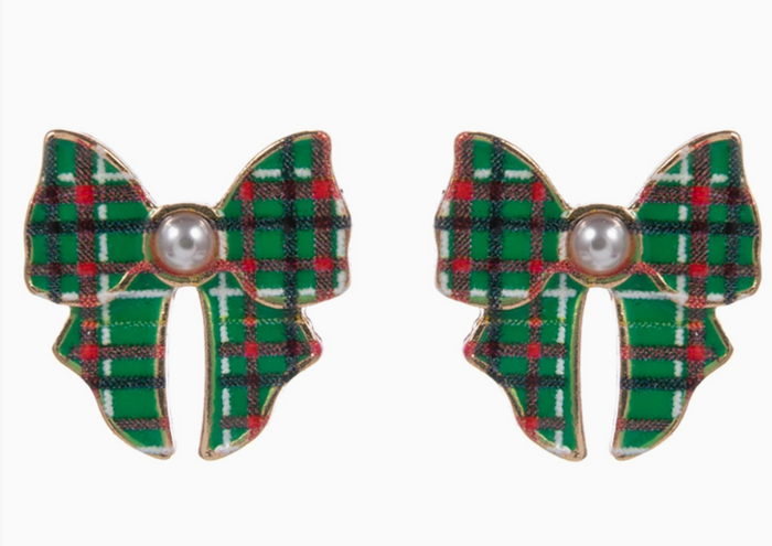 Holiday Plaid Bow Studs in Green