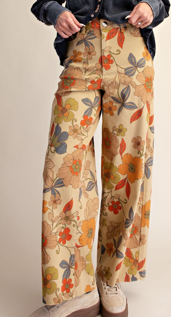 Boho Flower Print Pants in Camel