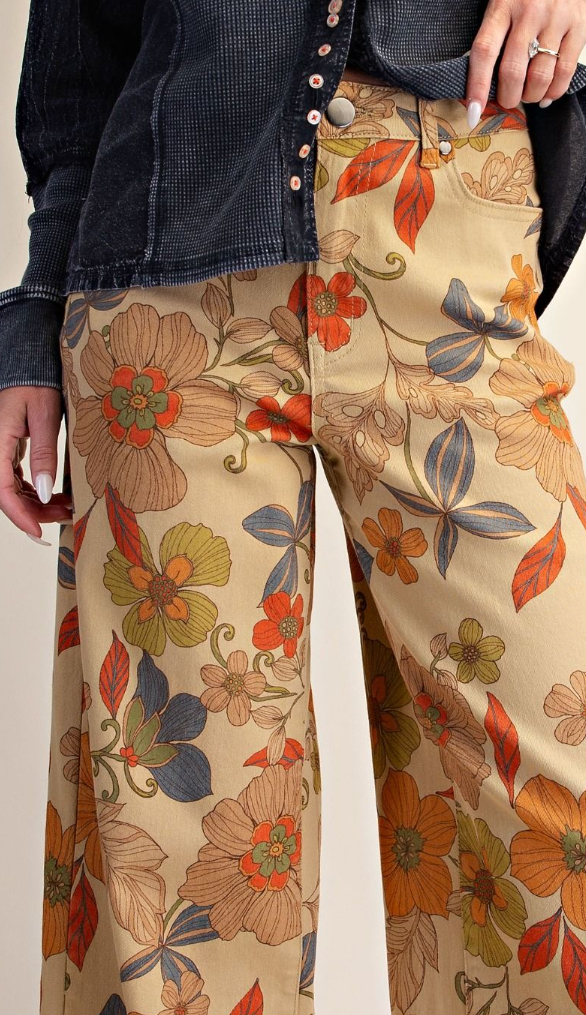 Boho Flower Print Pants in Camel