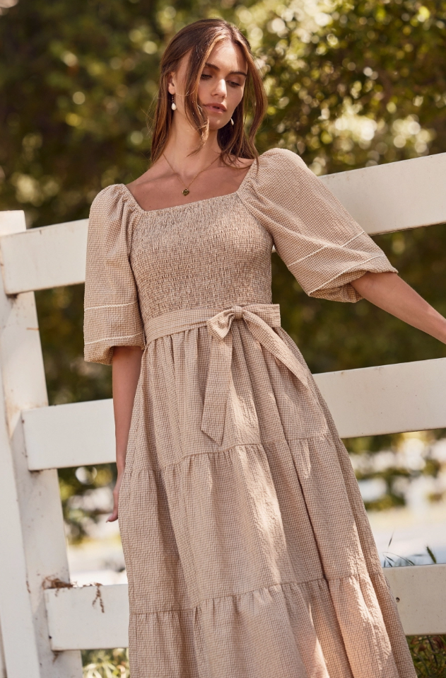 Textured Midi Dress W/ Tie Waist