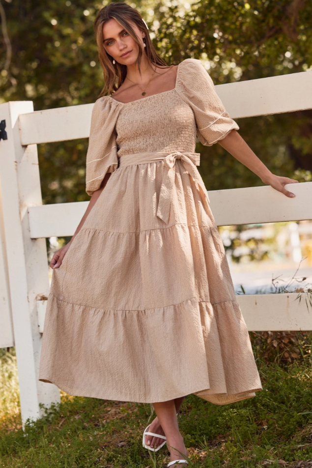 Textured Midi Dress W/ Tie Waist