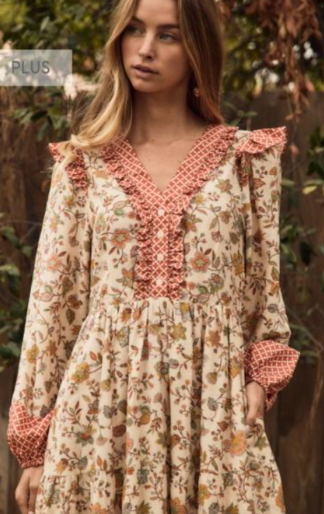 Floral Print Midi Dress in Terra Cotta Multi