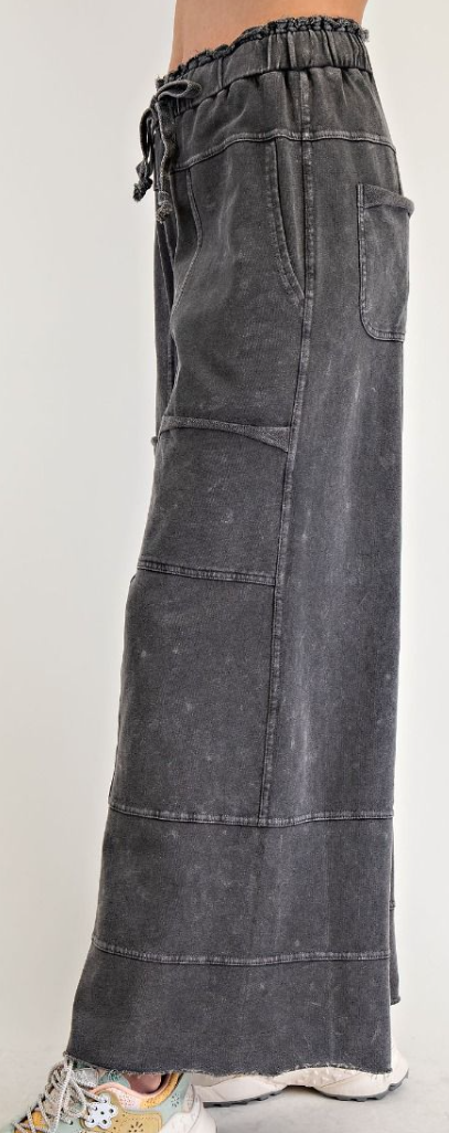 Mineral Washed Terry Knit Pants in Black