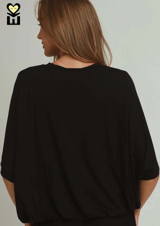 Bamboo Dolman Sleeve Hem Knit Top in Black