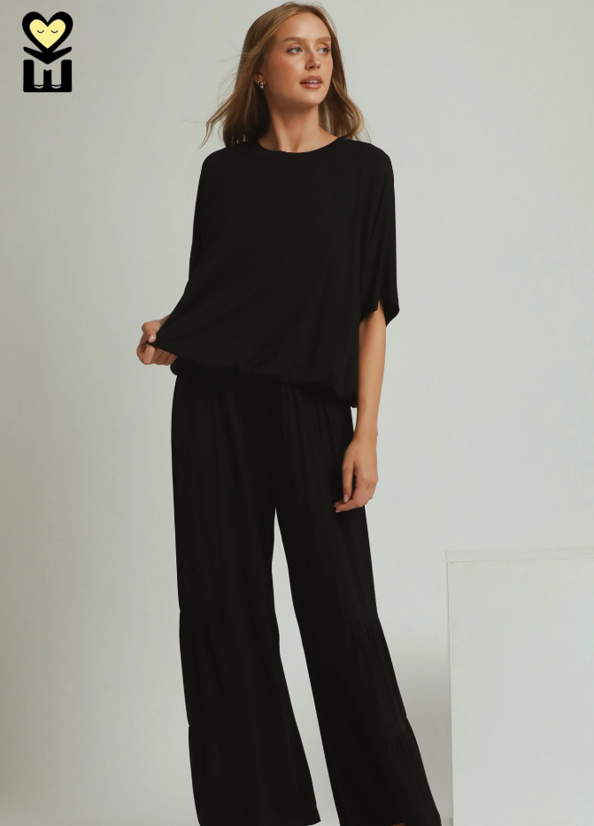 Bamboo Dolman Sleeve Hem Knit Top in Black