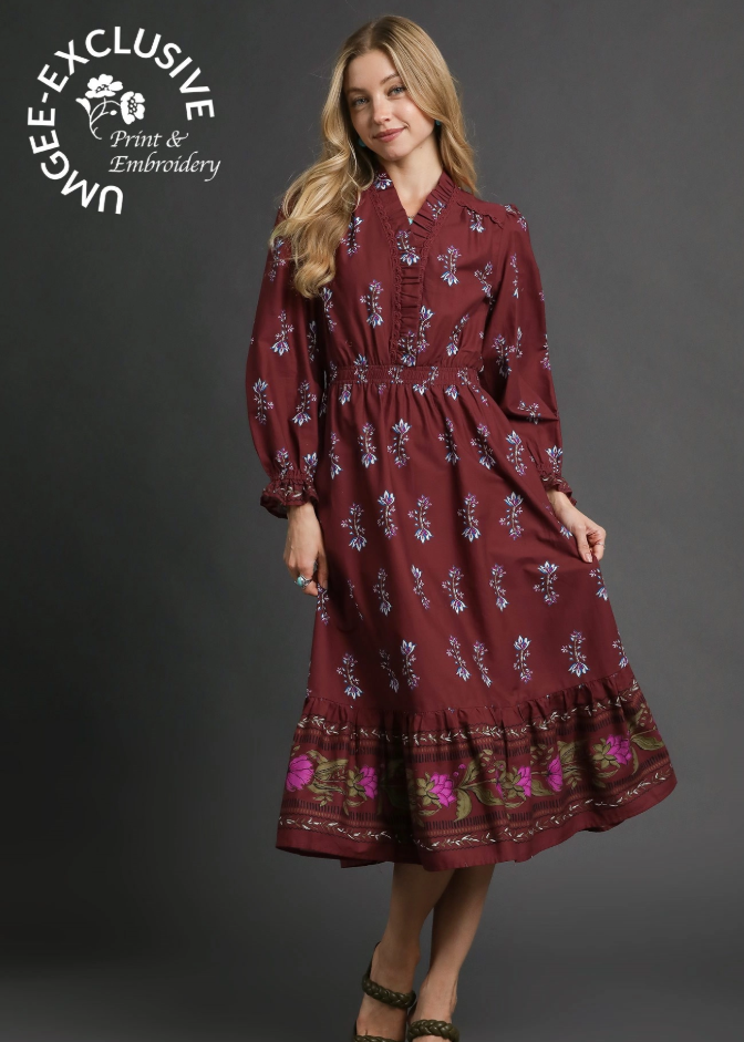 Floral Maxi Dress in Burgundy Mix