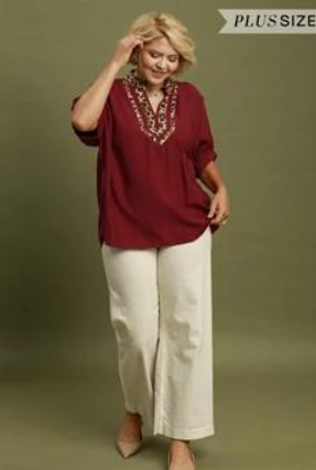 Leopard Trim Dolman Sleeve Blouse in Burgundy