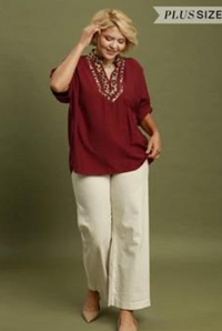 Leopard Trim Dolman Sleeve Blouse in Burgundy