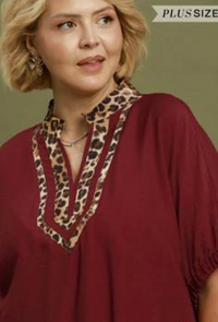 Leopard Trim Dolman Sleeve Blouse in Burgundy
