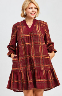 Plaid Print Babydoll Dress in Wine Mix