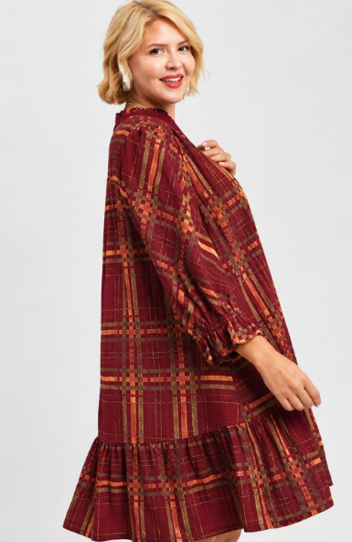 Plaid Print Babydoll Dress in Wine Mix