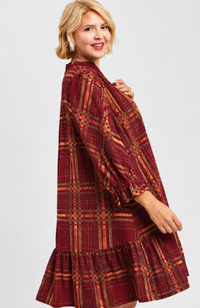 Plaid Print Babydoll Dress in Wine Mix