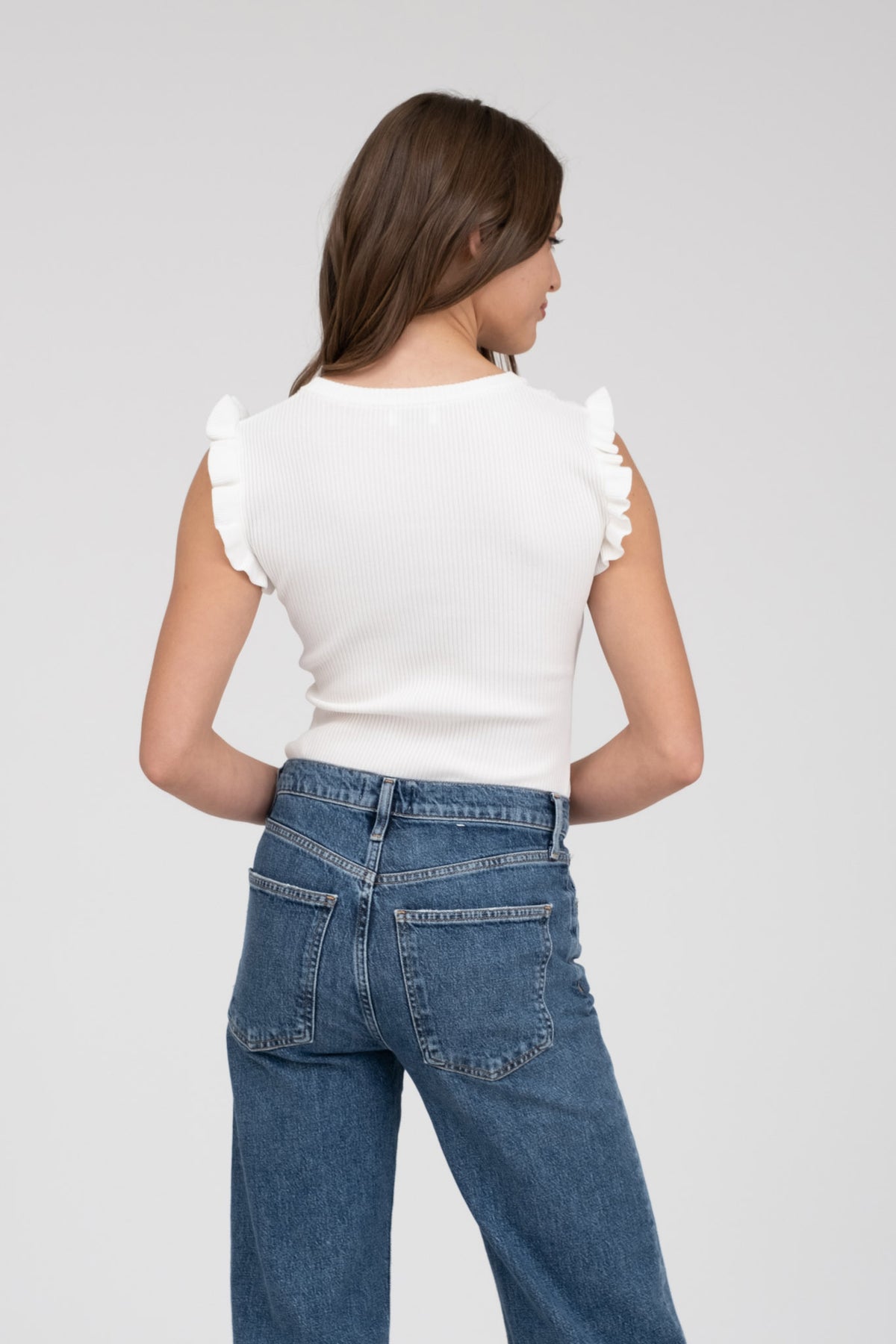 Ruffle Sleeveless Sweater Knit Top in White