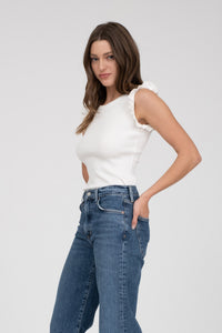 Ruffle Sleeveless Sweater Knit Top in White