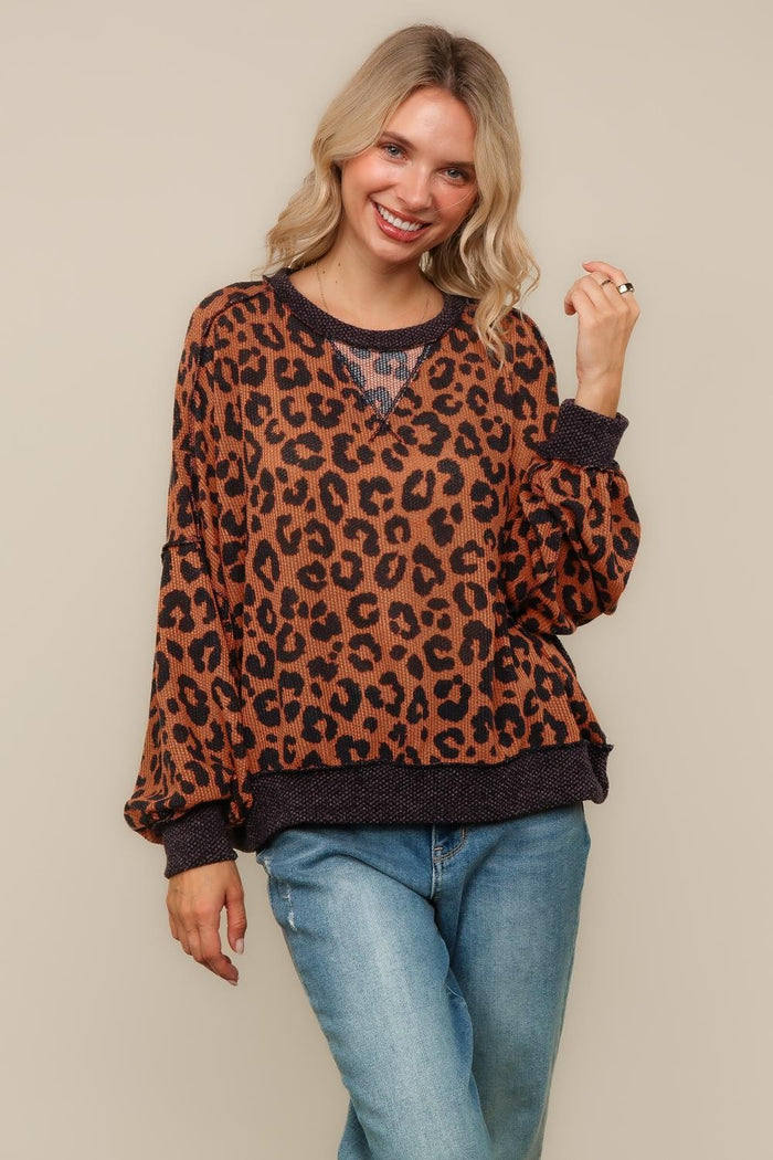 Curvy Crew Neck Drop Shoulder Leopard
