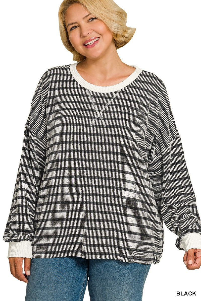 Raised Rib Striped Round Neck Pullover- 4 Colors!