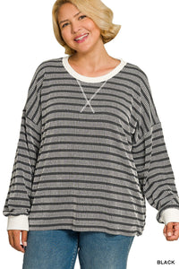 Raised Rib Striped Round Neck Pullover- 4 Colors!