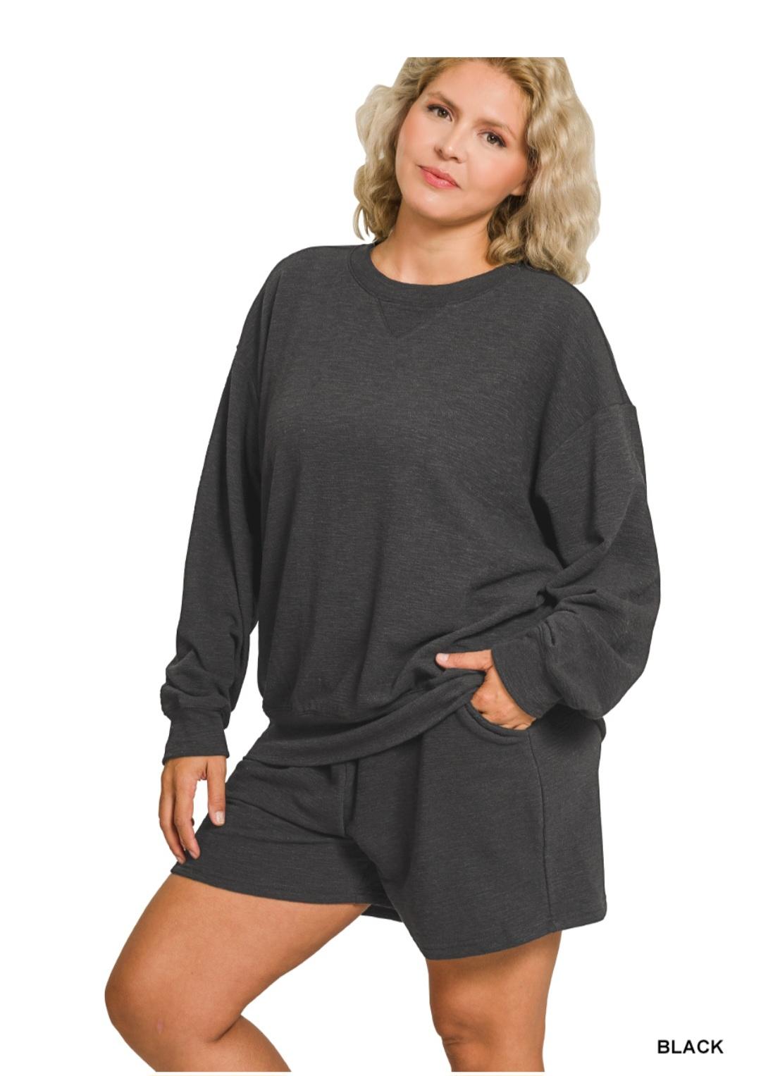 Curvy Slub Pullover & Shorts Set in Black