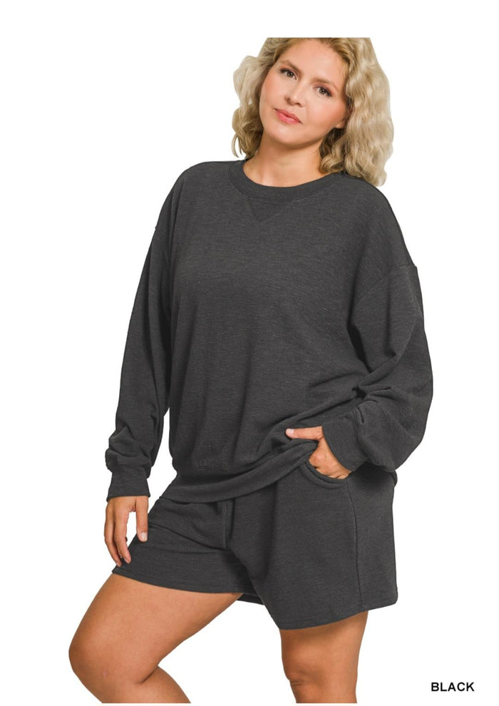 Curvy Slub Pullover & Shorts Set in Black