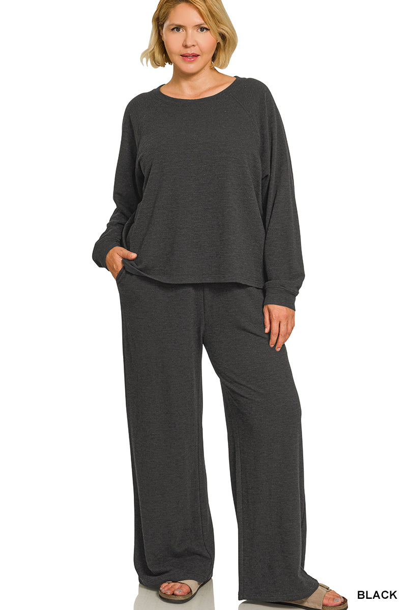 Curvy Slub Long Sleeve & Pant set in Black