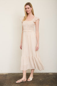 Stripe Smocked Detail Dress Light Khaki