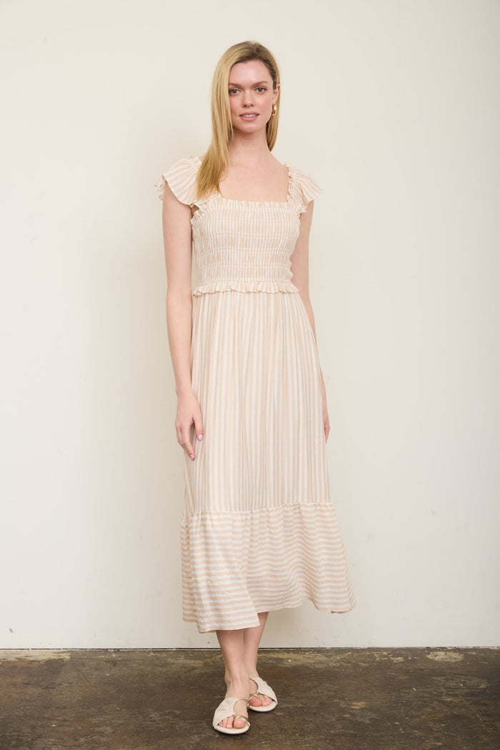 Stripe Smocked Detail Dress Light Khaki