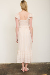 Stripe Smocked Detail Dress Light Khaki