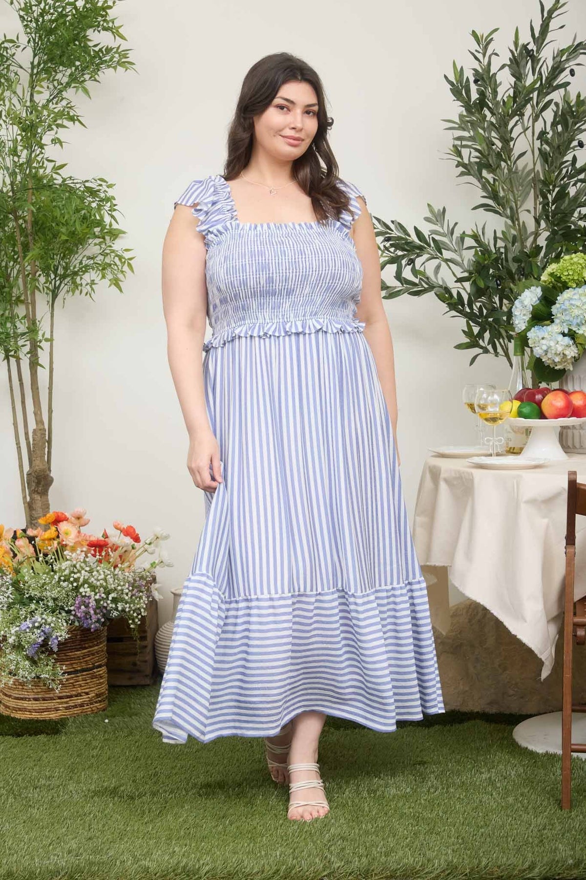 Curvy Striped Smocked Midi Dress in Blue