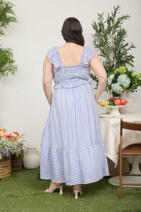 Curvy Striped Smocked Midi Dress in Blue