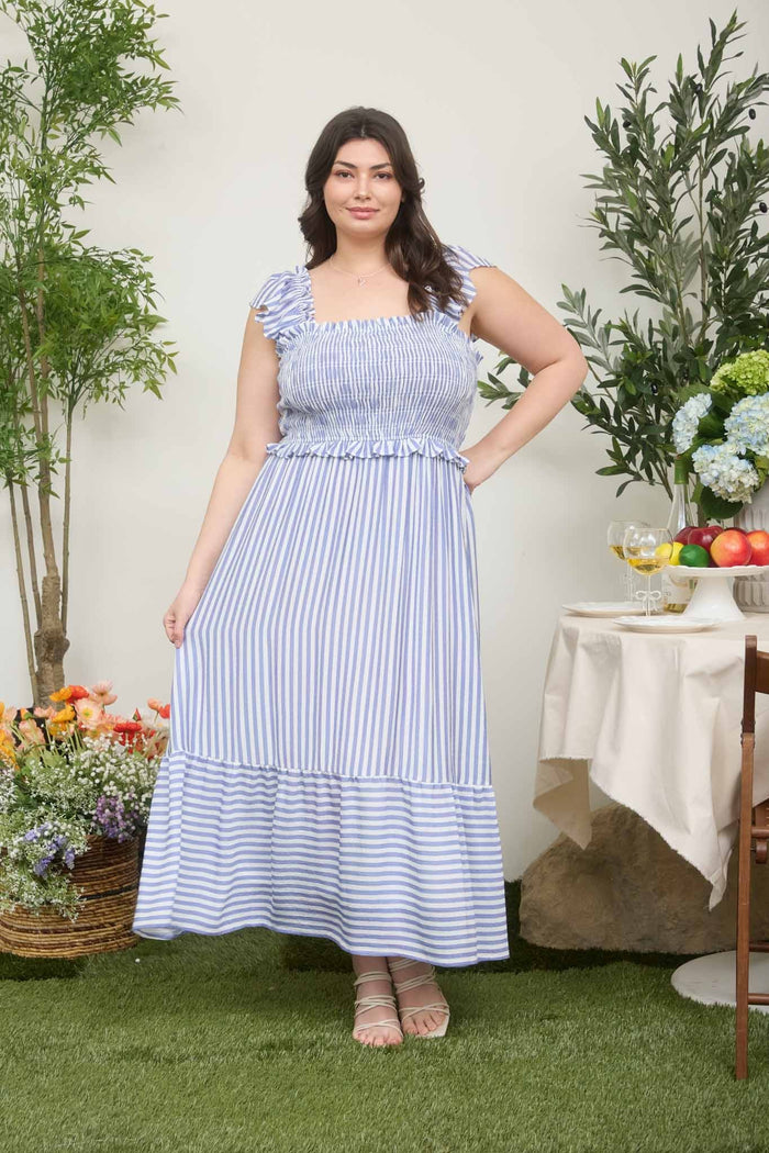 Curvy Striped Smocked Midi Dress in Blue
