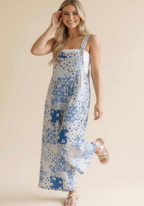 Wide Leg Bib Overalls in White/Blue