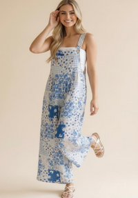 Wide Leg Bib Overalls in White/Blue