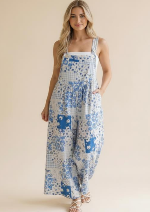 Wide Leg Bib Overalls in White/Blue