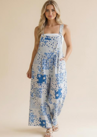 Wide Leg Bib Overalls in White/Blue