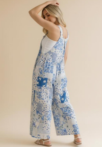 Wide Leg Bib Overalls in White/Blue