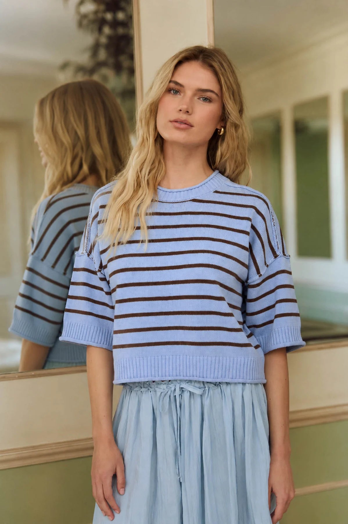 Exposed Seam Striped Round Neck Pullover in Light Blue