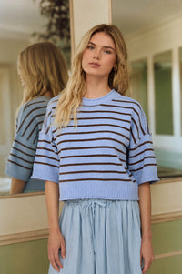 Exposed Seam Striped Round Neck Pullover in Light Blue