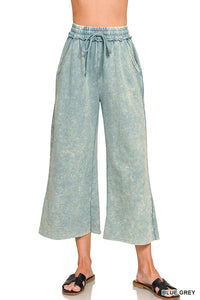 Curvy Washed French Terry Flare Pants in Blue Grey