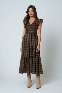 Plaid Smocked V Neck Button Down Midi Dress in Brown
