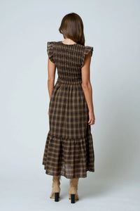 Plaid Smocked V Neck Button Down Midi Dress in Brown