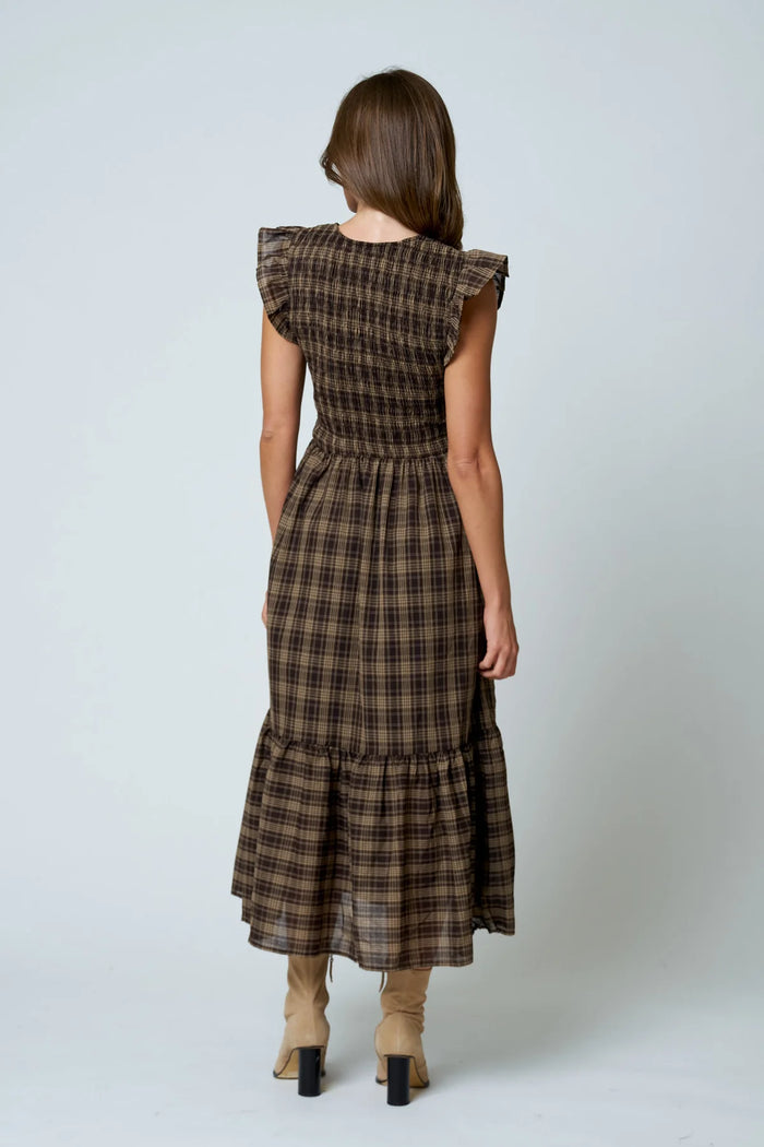 Plaid Smocked V Neck Button Down Midi Dress in Brown