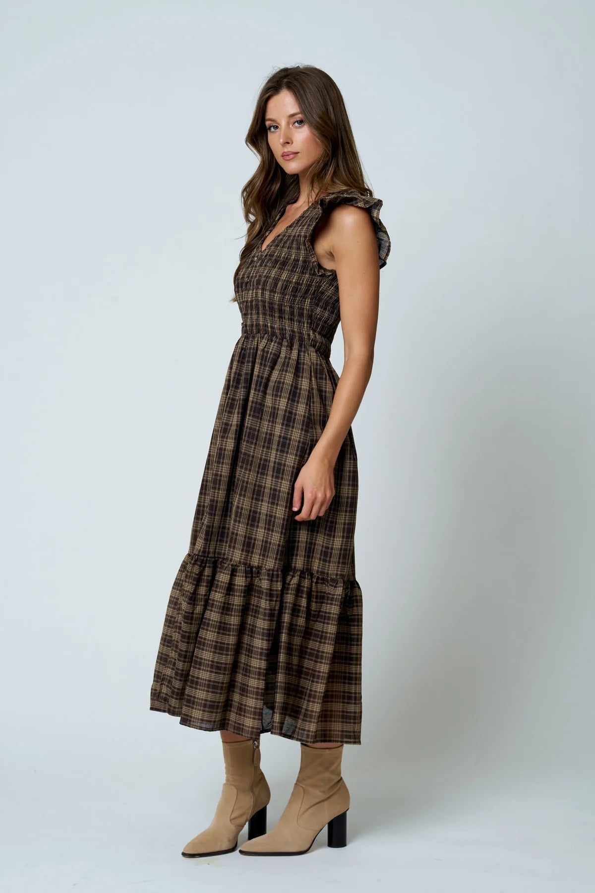 Plaid Smocked V Neck Button Down Midi Dress in Brown
