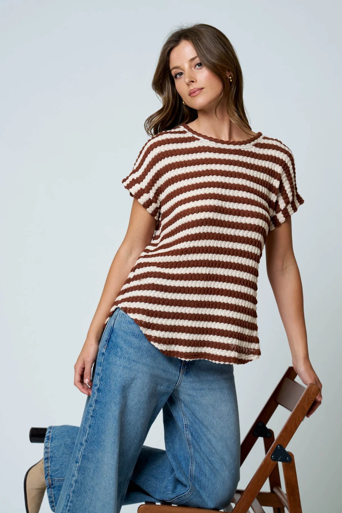 Textured Stripe Round Neck Dolman Sleeve Top- 2 Colors!