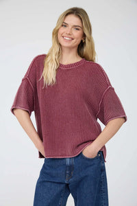 Washed Crew Neck Raw Edge SS Sweater- 2 Colors!