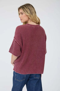 Washed Crew Neck Raw Edge SS Sweater- 2 Colors!