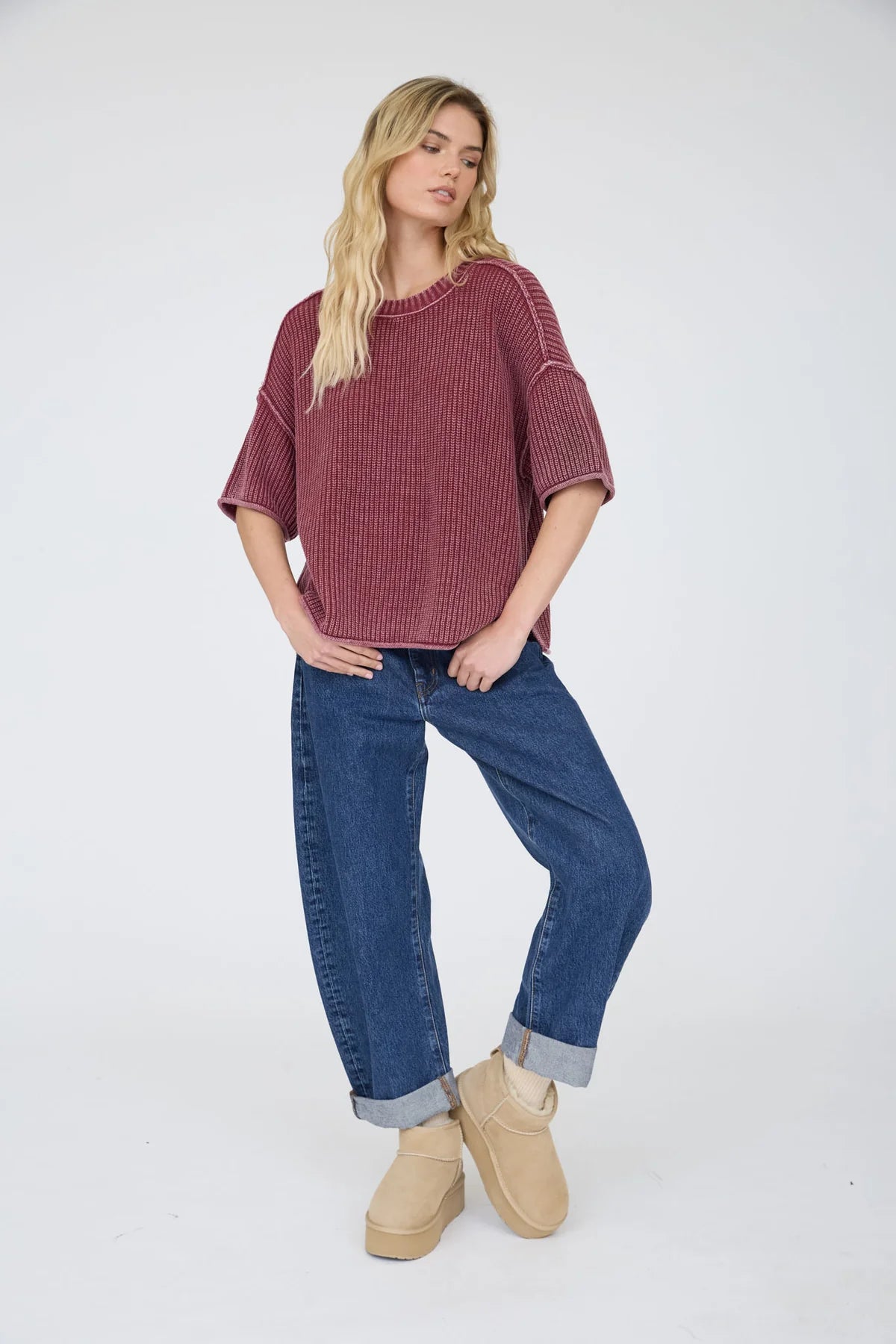 Washed Crew Neck Raw Edge SS Sweater- 2 Colors!
