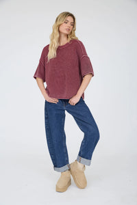 Washed Crew Neck Raw Edge SS Sweater- 2 Colors!