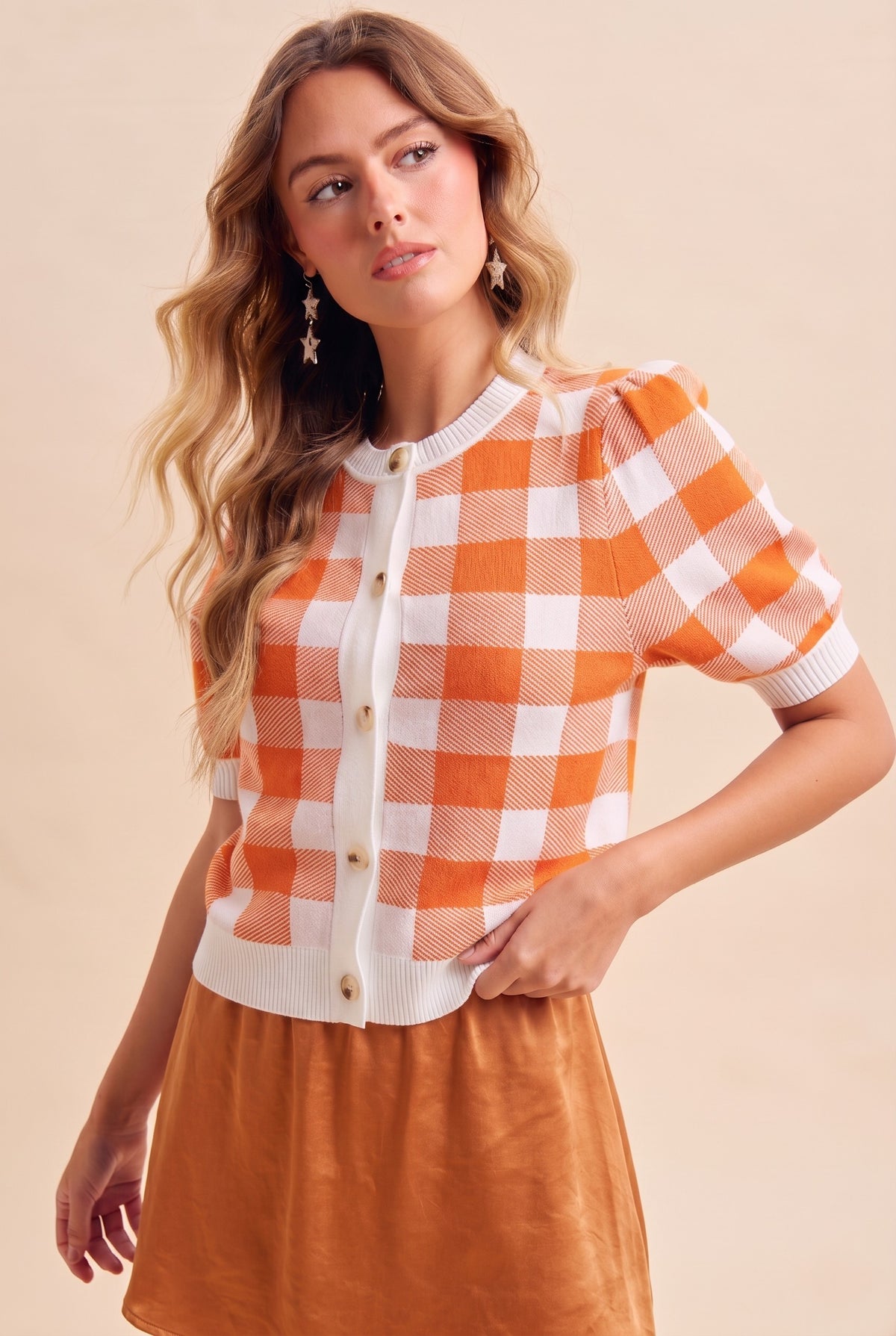 Gingham Jacquard Knit Cropped Cardi in Orange